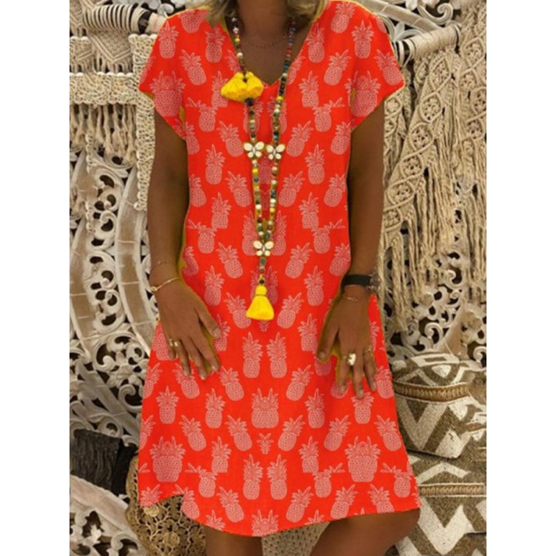 Pineapple Print Short Sleeve V-neck Casual Dress For Women