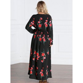 Bohemian Floral Print Long Sleeve O-neck Women Maxi Dresses