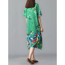 Graffiti Leaves Print Short Sleeve Irregular Vintage Dresses