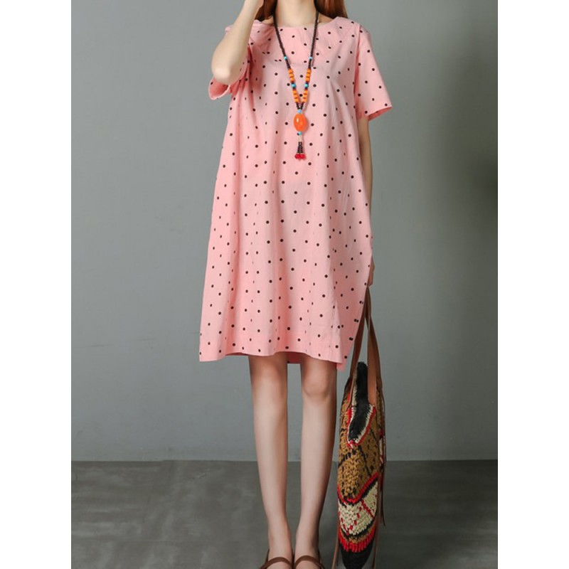 Loose Polka Dot Print Pockets Short Sleeve Vintage Dresses