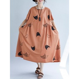 Loose Cat Print Short Sleeve O-neck Vintage Mid-long Dresses