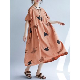 Loose Cat Print Short Sleeve O-neck Vintage Mid-long Dresses