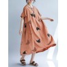 Loose Cat Print Short Sleeve O-neck Vintage Mid-long Dresses