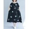 Loose Cat Print Short Sleeve O-neck Vintage Mid-long Dresses