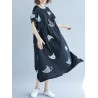 Loose Cat Print Short Sleeve O-neck Vintage Mid-long Dresses