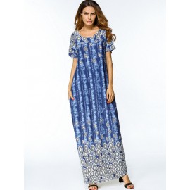 Casual Print O-neck Loose Short Sleeve Maxi Dresses For Women