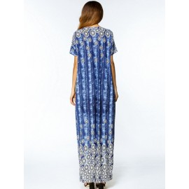 Casual Print O-neck Loose Short Sleeve Maxi Dresses For Women