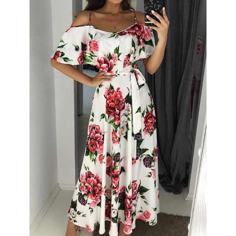 Summer Print Floral Off Shoulder Straps Maxi Dress