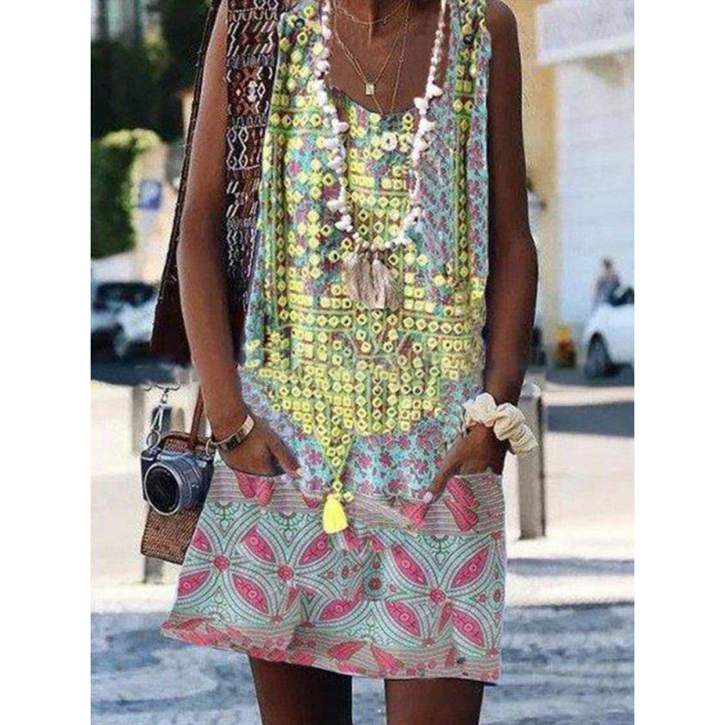 Bohemian Sleeveless Print Floral Crew Neck Summer Dress