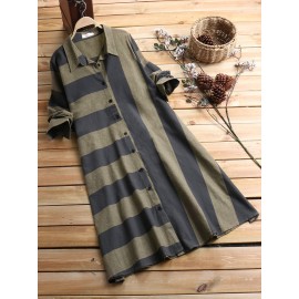 Patchwork Stripe Long Sleeve Lapel Vintage Shirt Dresses