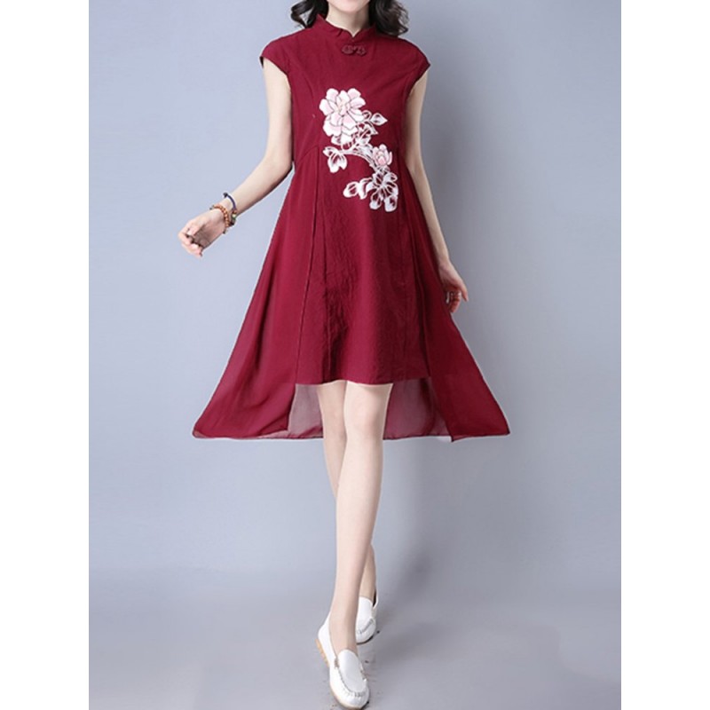 Vintage Floral Print Irregular Frog Button Stand Collar Dress For Women