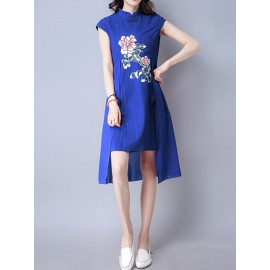 Vintage Floral Print Irregular Frog Button Stand Collar Dress For Women