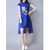 Vintage Floral Print Irregular Frog Button Stand Collar Dress For Women