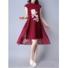 Vintage Floral Print Irregular Frog Button Stand Collar Dress For Women