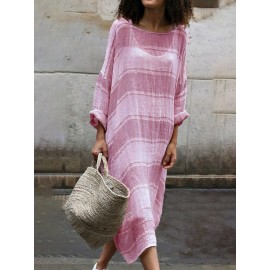 Contrast Color Stripe Loose Long Sleeve Casual Maxi Dress