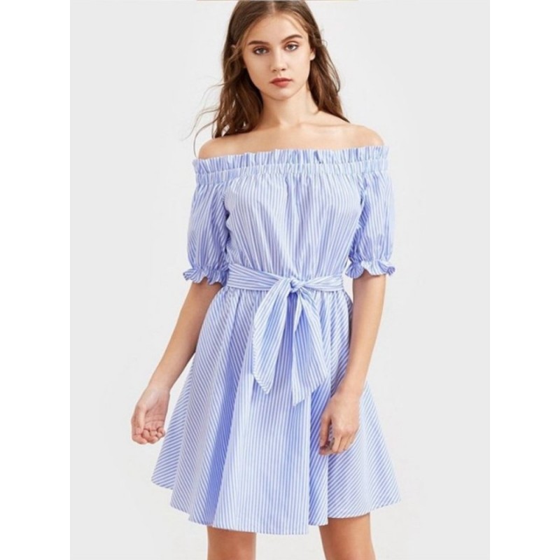 Stripe Off-shoulder Tie Half Sleeve Mini Dress For Women