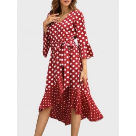 Irregular Polka Dot Tie Waist Long Sleeve Dress