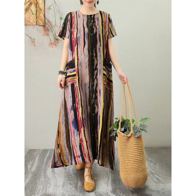 Multicolor Striped Pocket Short Sleeve Vintage Dress