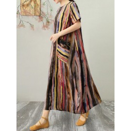 Multicolor Striped Pocket Short Sleeve Vintage Dress