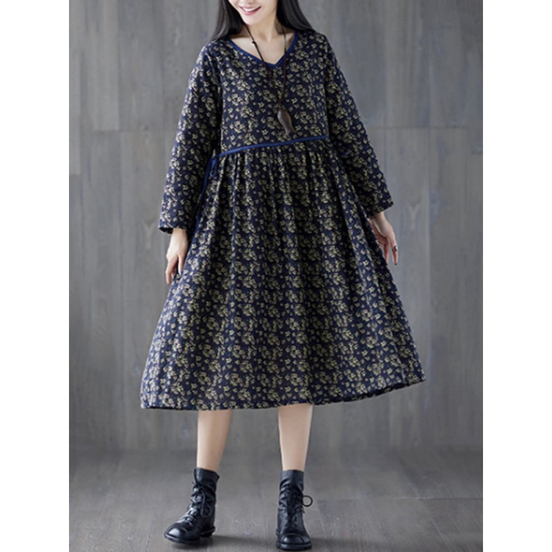 Tie Waist Floral Print Loose Long Sleeve Vintage Dresses