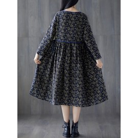 Tie Waist Floral Print Loose Long Sleeve Vintage Dresses