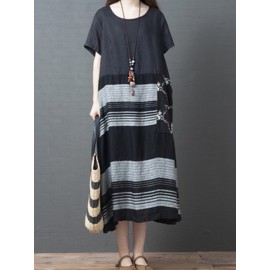 Stripe Print Patchwork Short Sleeve Vintage Dress For Women