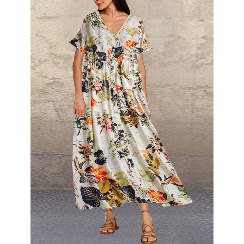 Leaves Floral Print Button Short Sleeve Vintage Dress