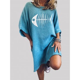 Fish-bone Print Crew Neck Short Sleeve Casual Dress