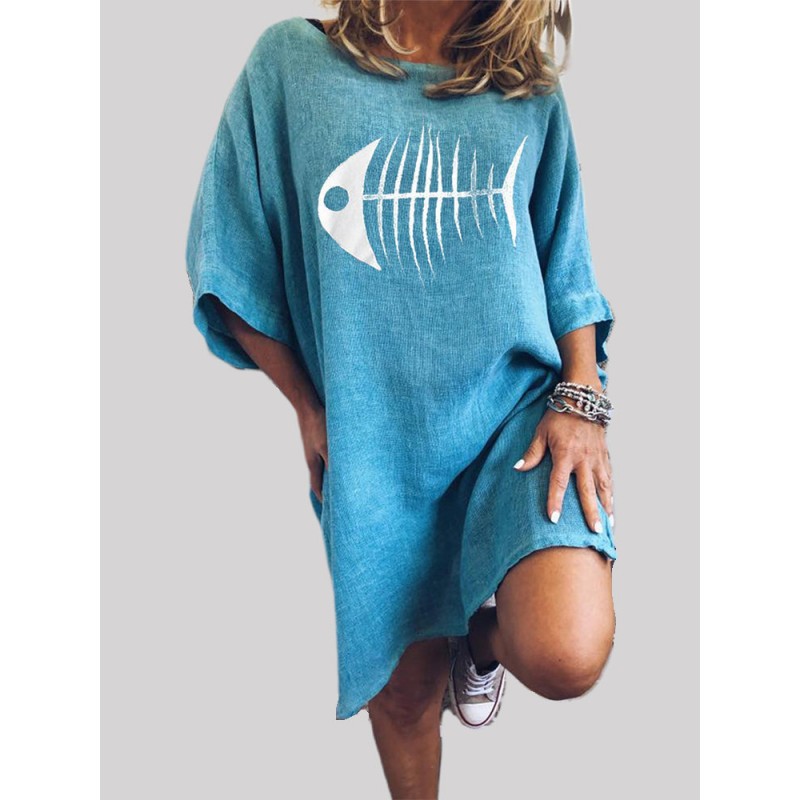 Fish-bone Print Crew Neck Short Sleeve Casual Dress