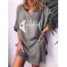 Fish-bone Print Crew Neck Short Sleeve Casual Dress