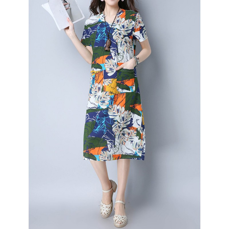 Vintage Random Print Short Sleeve V-neck Dress For Women