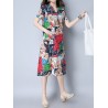 Vintage Random Print Short Sleeve V-neck Dress For Women