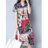 Vintage Random Print Short Sleeve V-neck Dress For Women