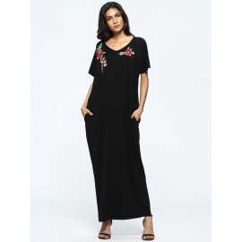 Floral Embroidered Loose Short Sleeve V-neck Maxi Dress For Women