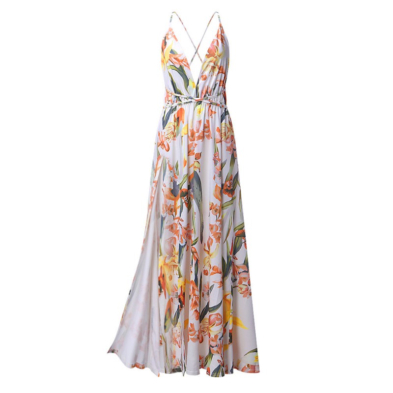 Sexy Floral Print Backless Camisole Splited Maxi Dresses