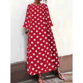 Polka Dots Print Short Sleeve Pockets Maxi Dress