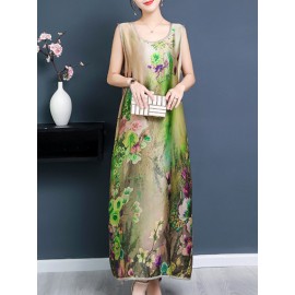 Side Splited Floral Print Elegant Sleeveless Maxi Dresses