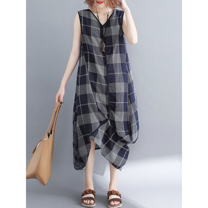 Sleeveless Plaid Print Irregular O-neck Vintage Dresses