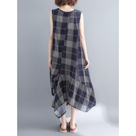 Sleeveless Plaid Print Irregular O-neck Vintage Dresses