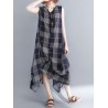 Sleeveless Plaid Print Irregular O-neck Vintage Dresses