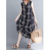 Sleeveless Plaid Print Irregular O-neck Vintage Dresses