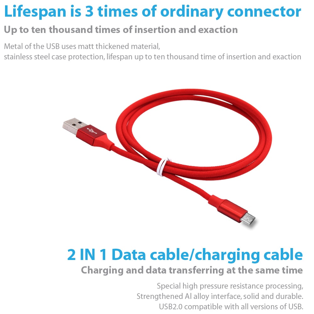 SDL 2 Meter Nylon Micro USB Cable for Samsung HTC Huawei  Android Fast Charger- Red