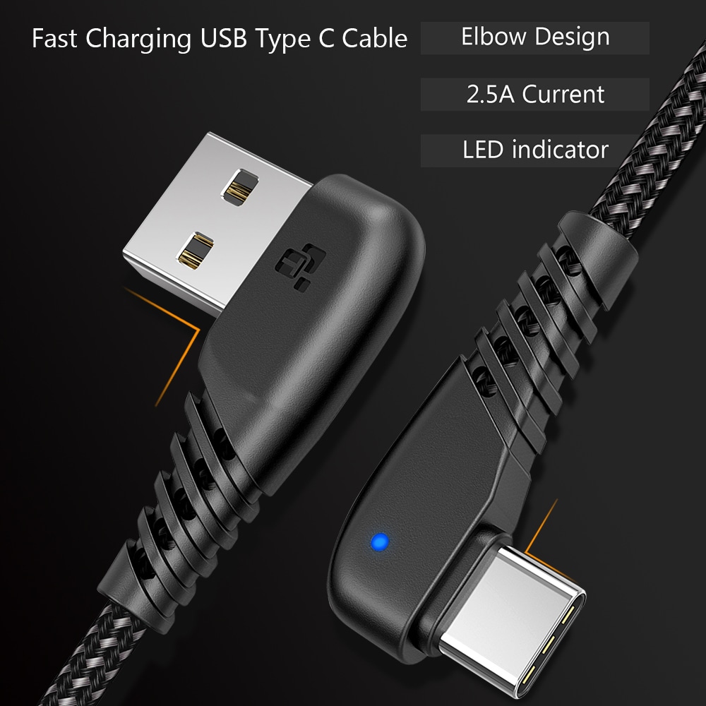 TIEGEM 90 degree USB Type C Cable 2A USB-C Cable Type-C Fast Charging Cord- Twilight Black 30CM