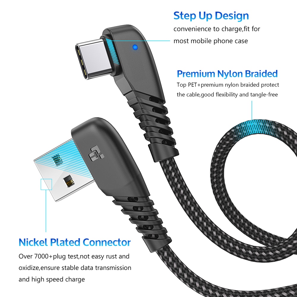 TIEGEM 90 degree USB Type C Cable 2A USB-C Cable Type-C Fast Charging Cord- Twilight Black 30CM