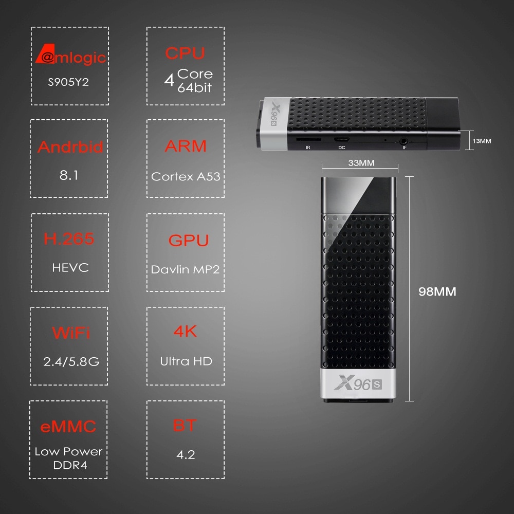 X96S Wireless Display Dongle Android 8.1 / Amlogic S905Y2 / 2.4GHz + 5.8GHz Dual Band WiFi / DT4.2 / HDR / Support 4K H.265- Black 2GB+16GB