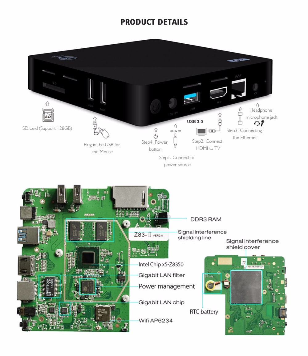 Z83II Mini PC Intel Atom x5-Z8350 Quad Core Windows 10 2.4G + 5.8G WiFi- Black 2GB RAM+32GB ROM EU Plug