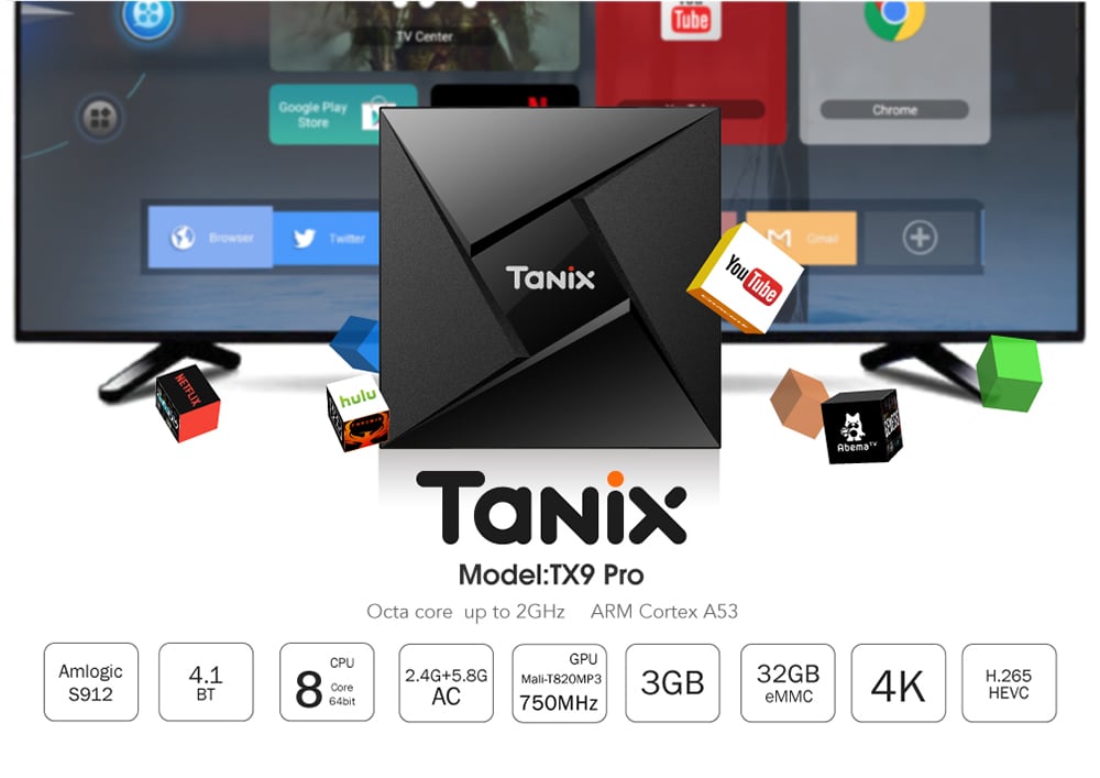 Tanix TX9 Pro TV Box Amlogic S912 Octa-core CPU Android 7.1 OS Bluetooth 4.1 1000M LAN- Black UK Plug