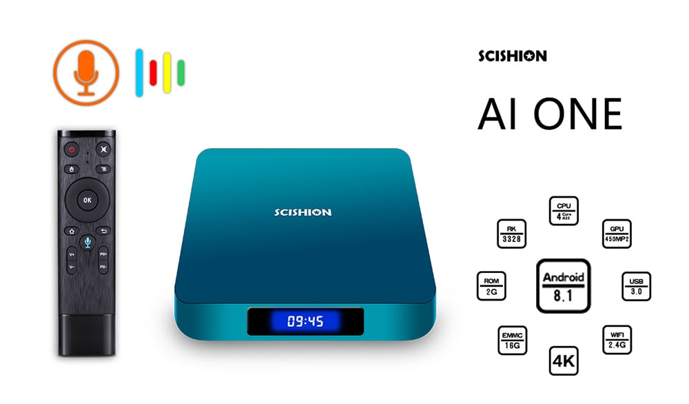 SCISHION AI ONE Android 8.1 TV Box Rockchip 3328 2GB RAM + 16GB ROM 2.4G WiFi USB3.0 BT4.0 Voice Control- Glacial Blue Ice 2GB RAM +16GB ROM US Plug