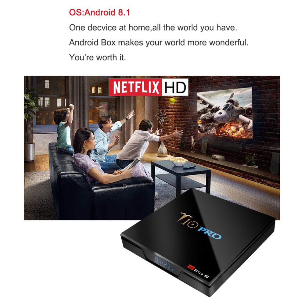 T10 Pro TV Box Amlogic S905X2 / 2.4G + 5G WiFi / BT4.1 / Android 8.1 / USB3.0 / 4K VP9- Black 4GB RAM+32GB ROM  UK  Plug