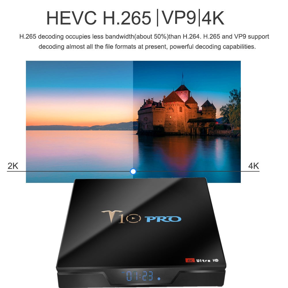 T10 Pro TV Box Amlogic S905X2 / 2.4G + 5G WiFi / BT4.1 / Android 8.1 / USB3.0 / 4K VP9- Black 4GB RAM+32GB ROM  UK  Plug